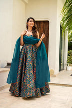Sonakshi Women's Rama Silk Digital Print Full Round Flair Anarkali Gown Set With Dupatta | Grocsy