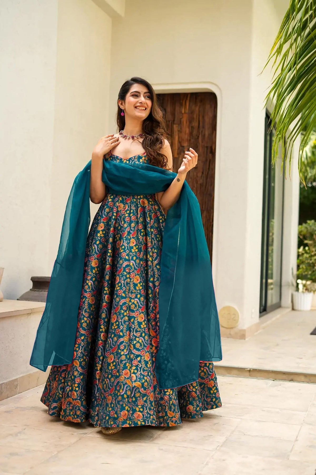 Sonakshi Women's Rama Silk Digital Print Full Round Flair Anarkali Gown Set With Dupatta | Grocsy