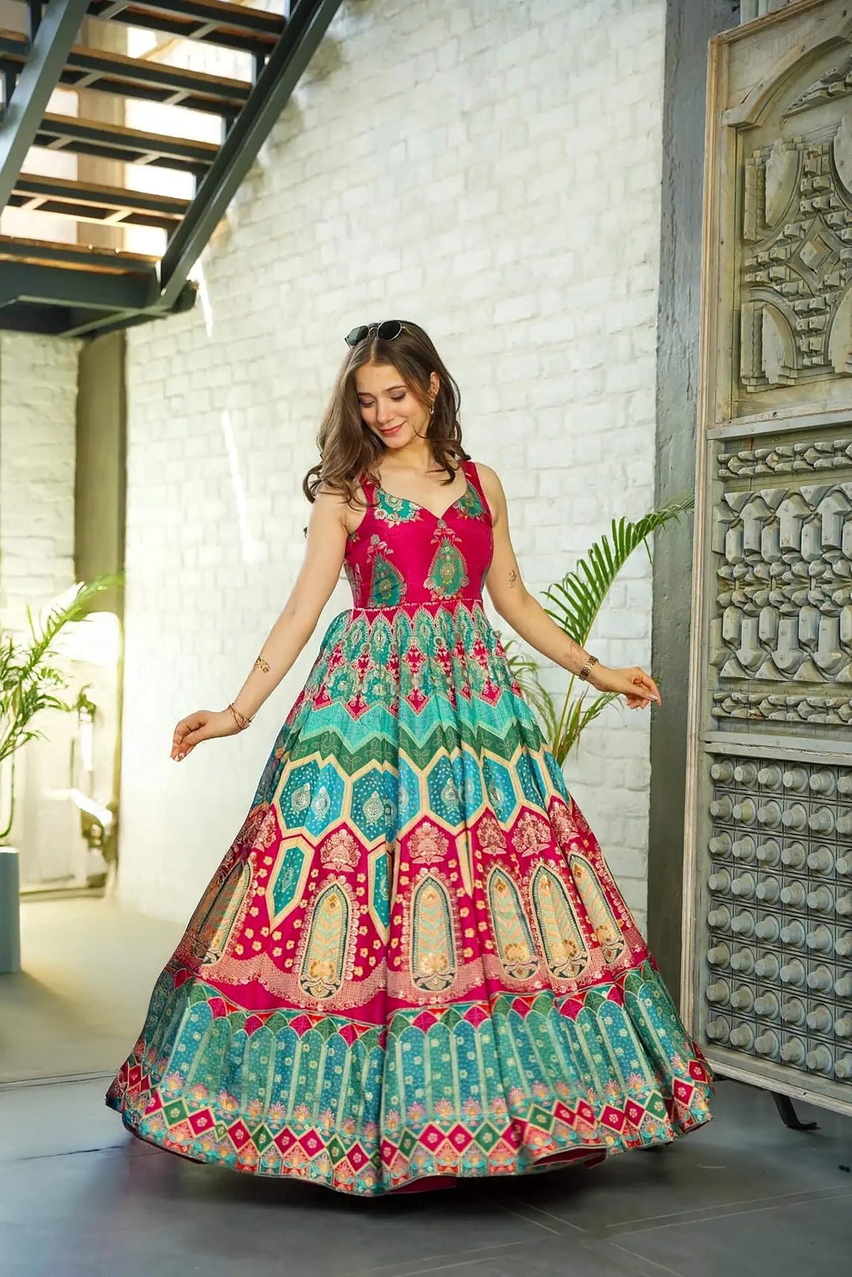Sonakshi Women's Rani Silk Digital Print Full Round Flair Anarkali Gown Set With Dupatta | Grocsy