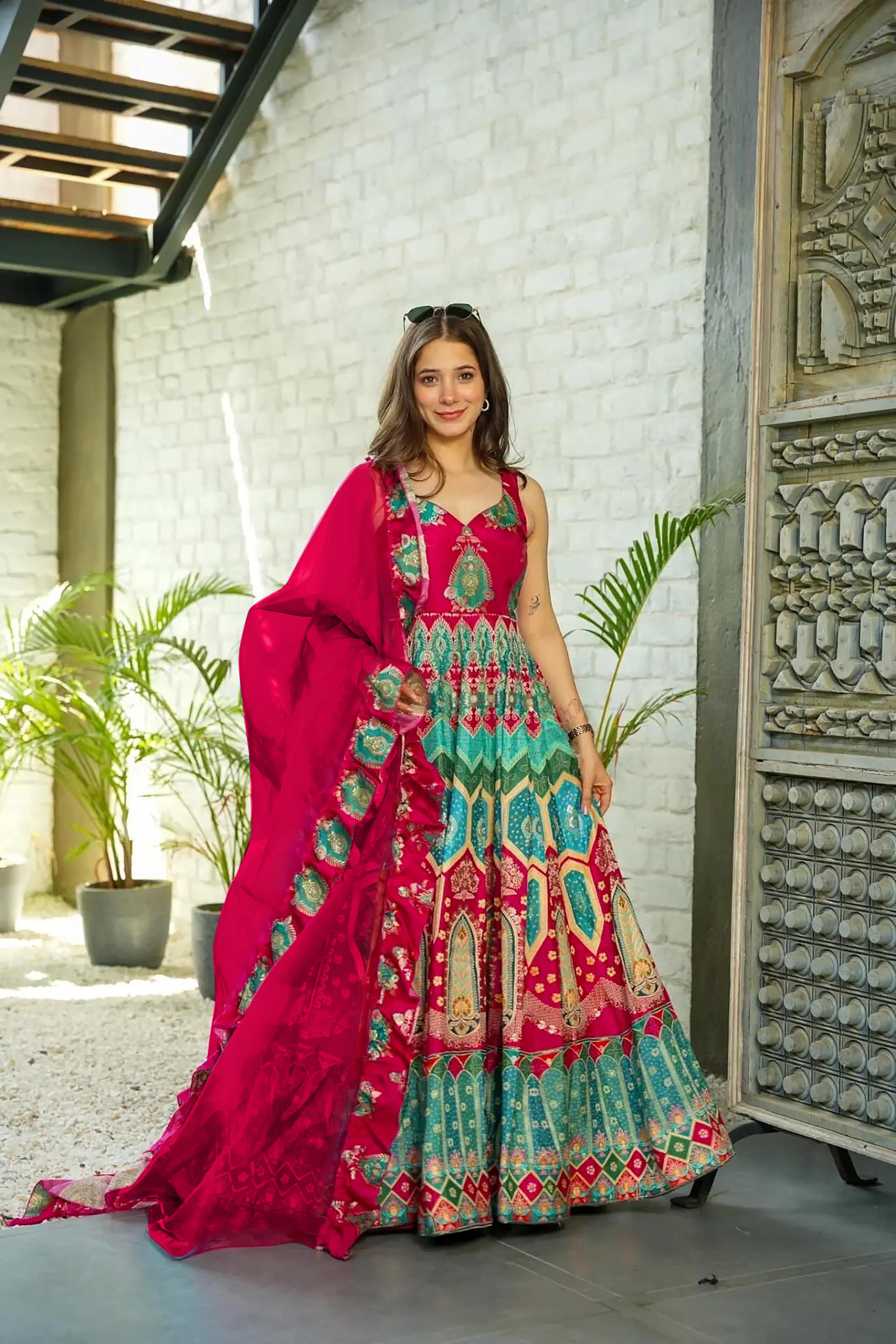 Sonakshi Women's Rani Silk Digital Print Full Round Flair Anarkali Gown Set With Dupatta | Grocsy
