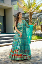 Sonakshi Women's Seagreen Silk Digital Print Full Round Flair Anarkali Gown Set With Dupatta | Grocsy