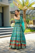 Sonakshi Women's Seagreen Silk Digital Print Full Round Flair Anarkali Gown Set With Dupatta | Grocsy