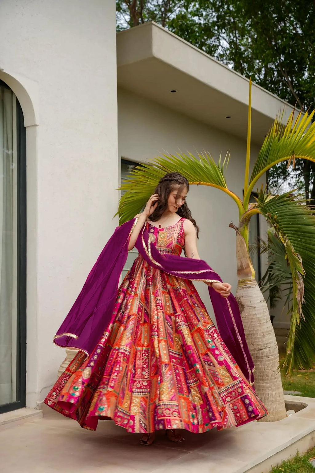 Sonakshi Women's Multicolor Silk Digital Print Full Round Flair Anarkali Gown Set With Dupatta | Grocsy