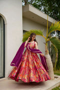 Sonakshi Women's Multicolor Silk Digital Print Full Round Flair Anarkali Gown Set With Dupatta | Grocsy