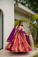 Sonakshi Women's Multicolor Silk Digital Print Full Round Flair Anarkali Gown Set With Dupatta | Grocsy