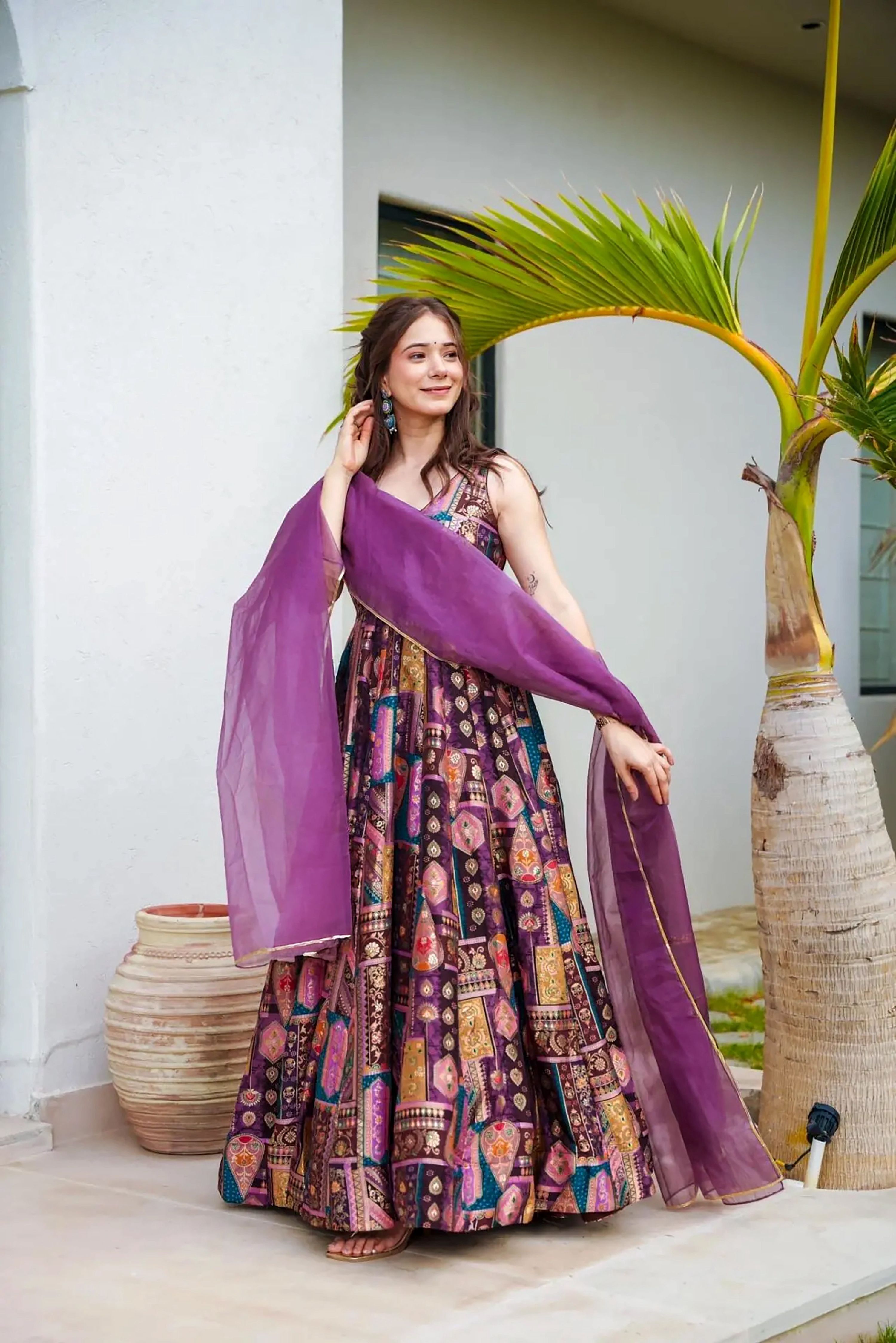 Sonakshi Women's Multicolor Silk Digital Print Full Round Flair Anarkali Gown Set With Dupatta | Grocsy