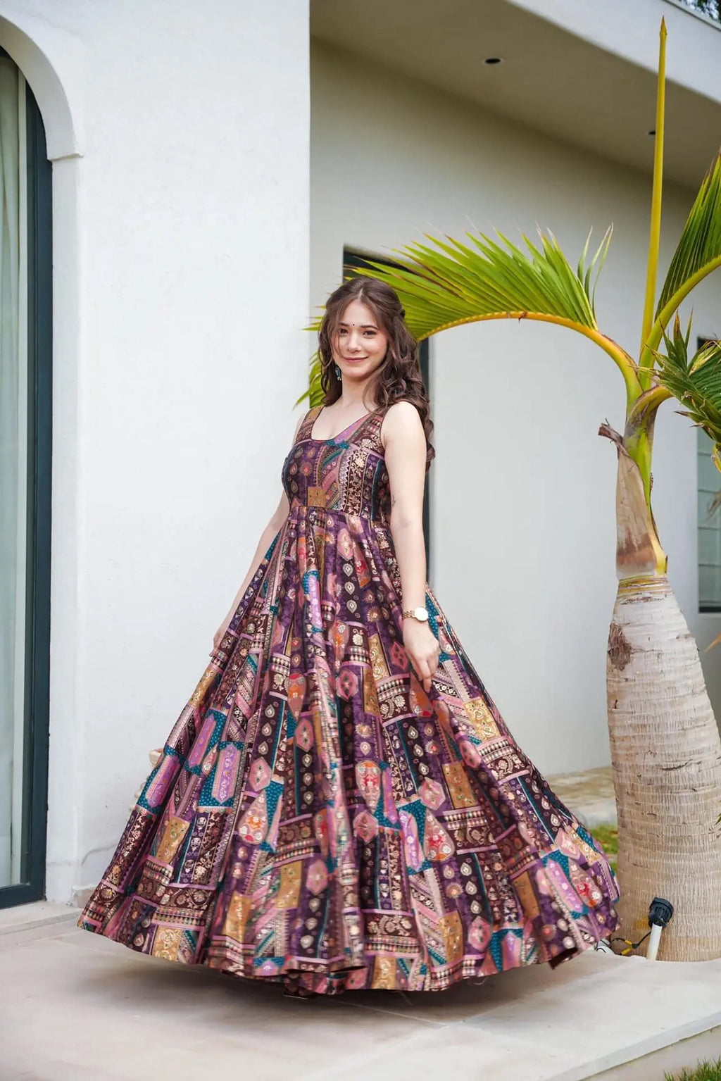 Sonakshi Women's Multicolor Silk Digital Print Full Round Flair Anarkali Gown Set With Dupatta | Grocsy