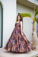 Sonakshi Women's Multicolor Silk Digital Print Full Round Flair Anarkali Gown Set With Dupatta | Grocsy