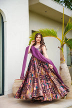 Sonakshi Women's Multicolor Silk Digital Print Full Round Flair Anarkali Gown Set With Dupatta | Grocsy