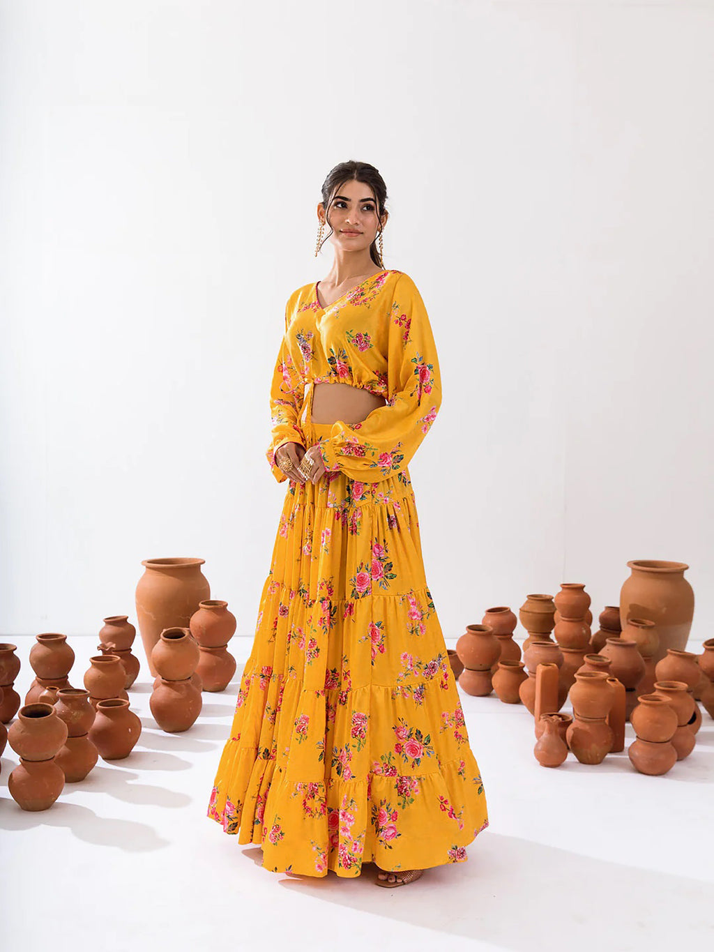 Sonakshi Women's Yellow Air Tex Chinon Digital Printed Lehenga Choli | Grocsy