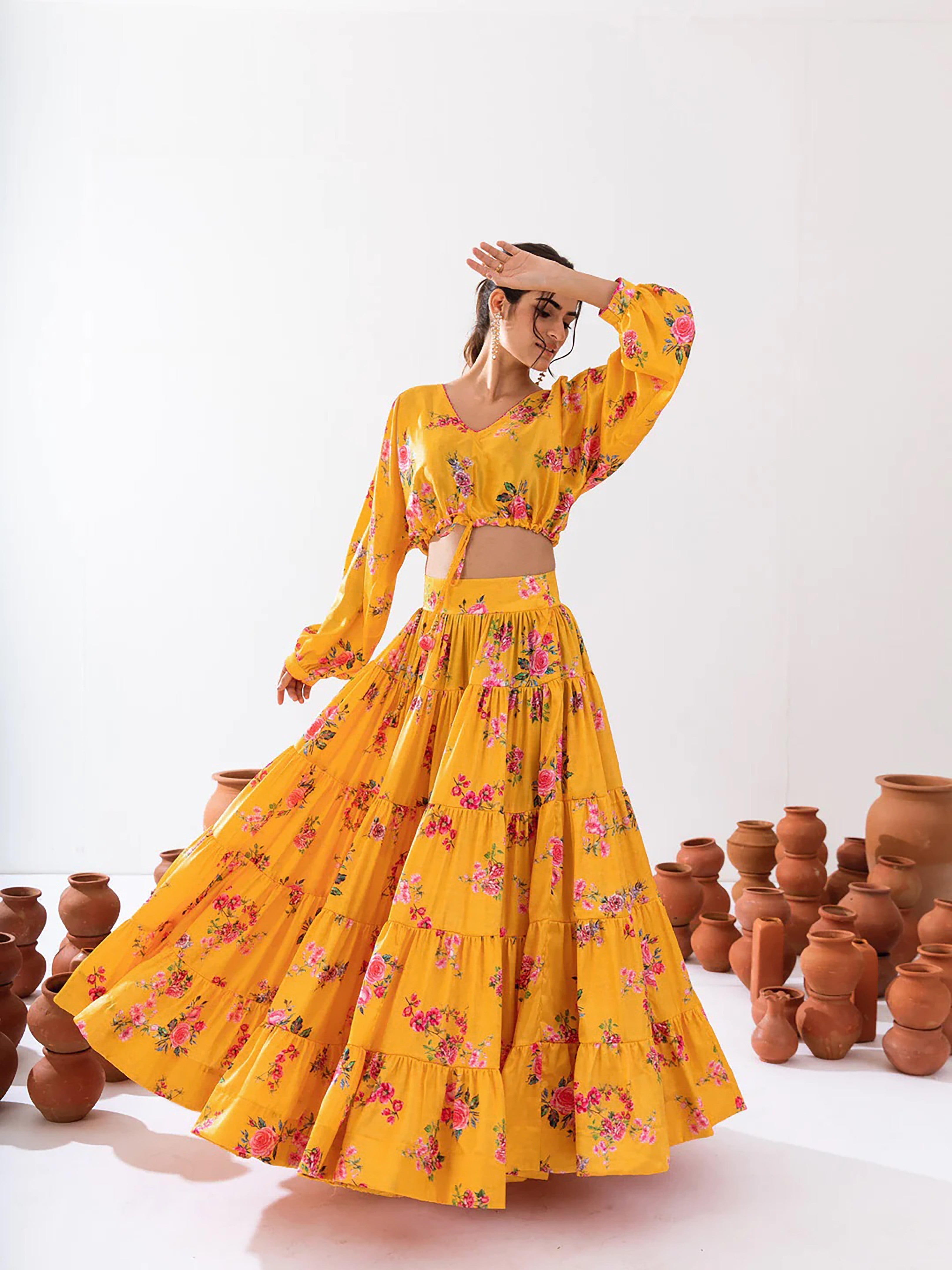 Sonakshi Women's Yellow Air Tex Chinon Digital Printed Lehenga Choli | Grocsy