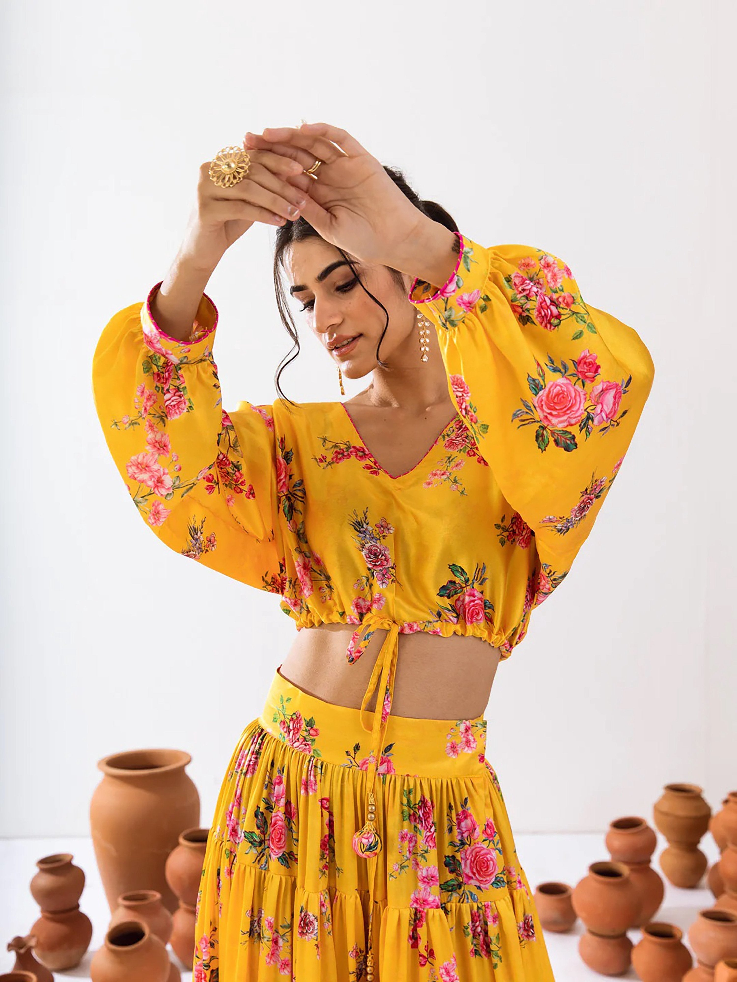 Sonakshi Women's Yellow Air Tex Chinon Digital Printed Lehenga Choli | Grocsy