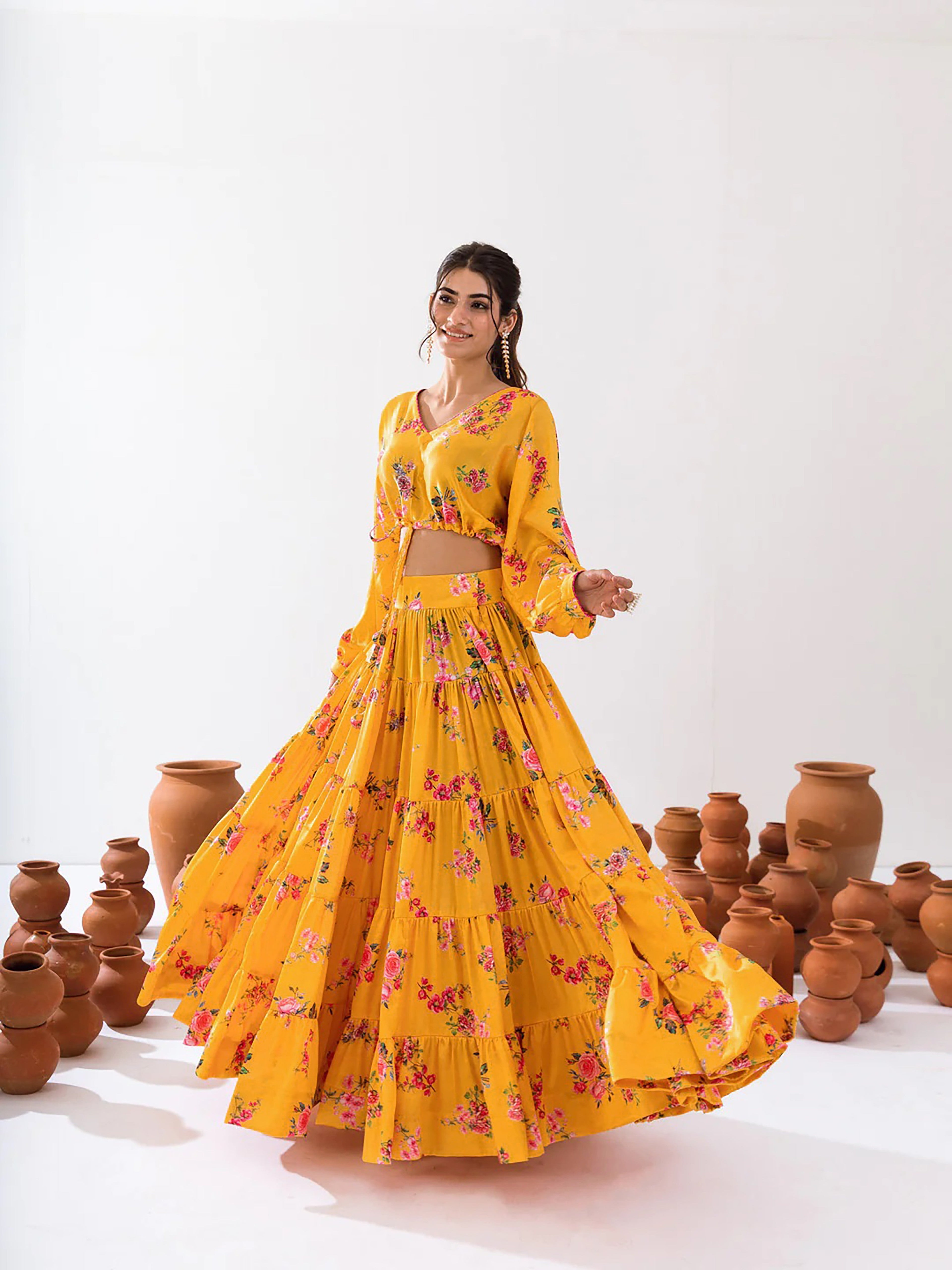 Sonakshi Women's Yellow Air Tex Chinon Digital Printed Lehenga Choli | Grocsy