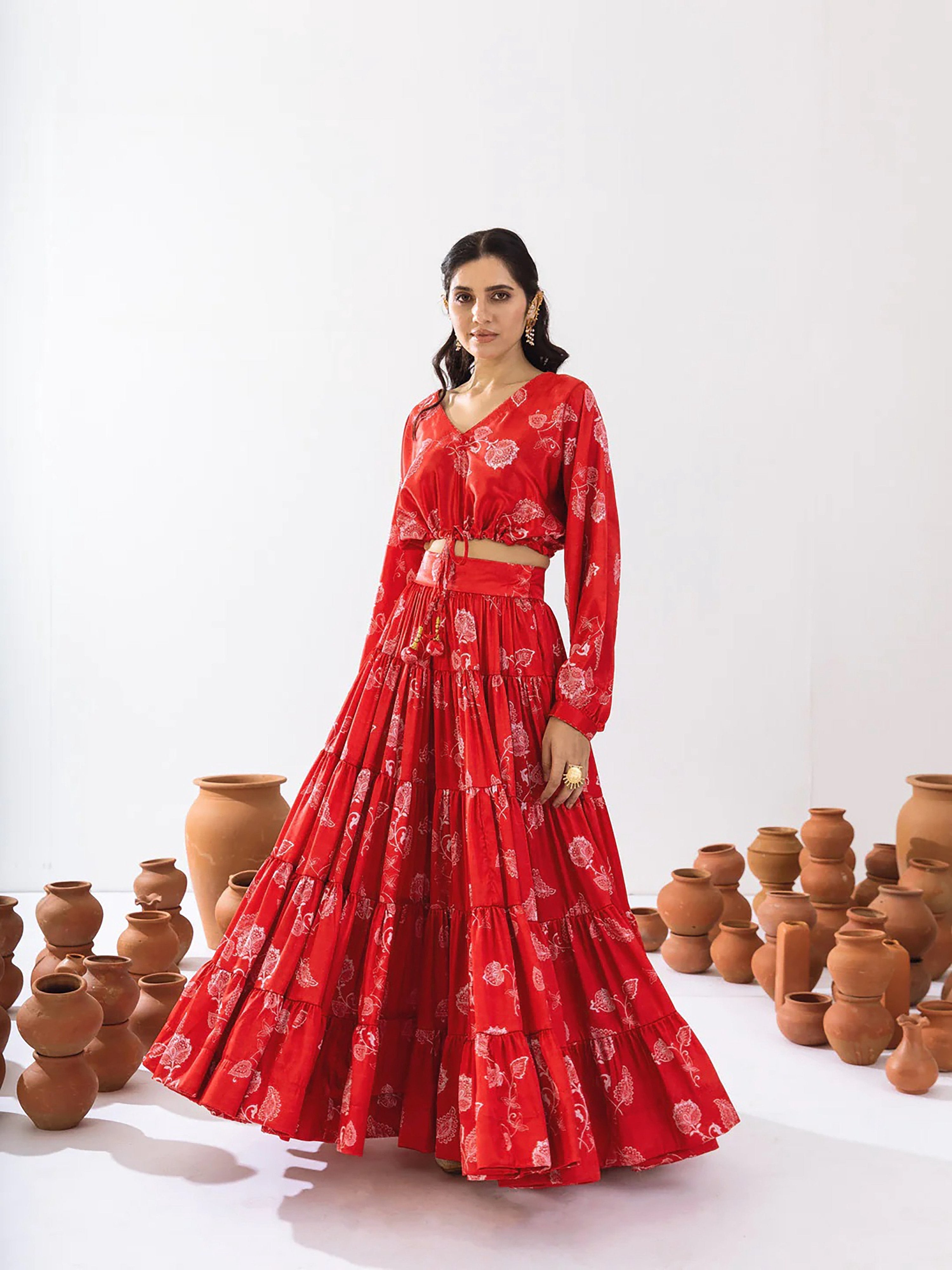 Sonakshi Women's Red Air Tex Chinon Digital Printed Lehenga Choli | Grocsy