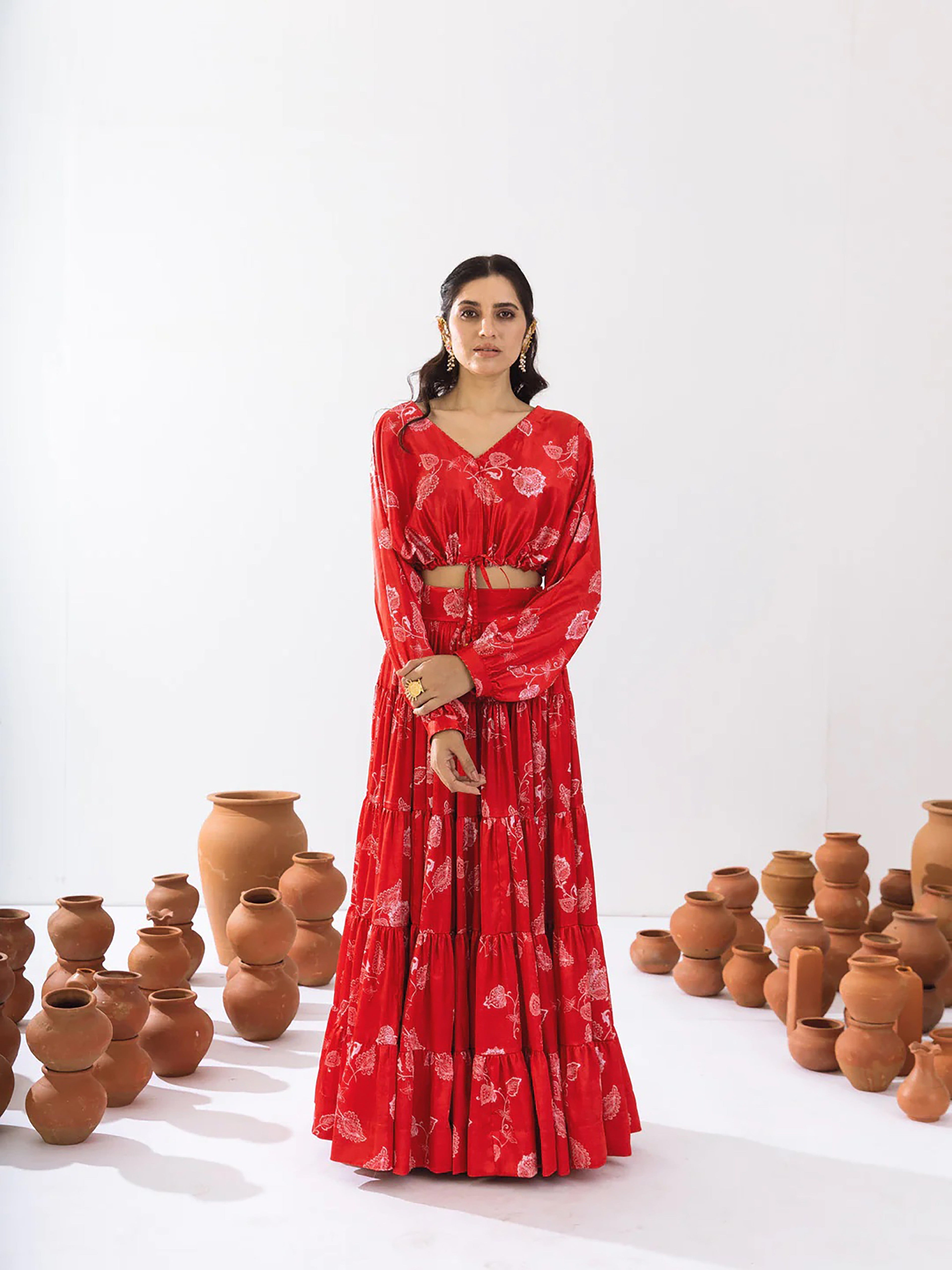 Sonakshi Women's Red Air Tex Chinon Digital Printed Lehenga Choli | Grocsy