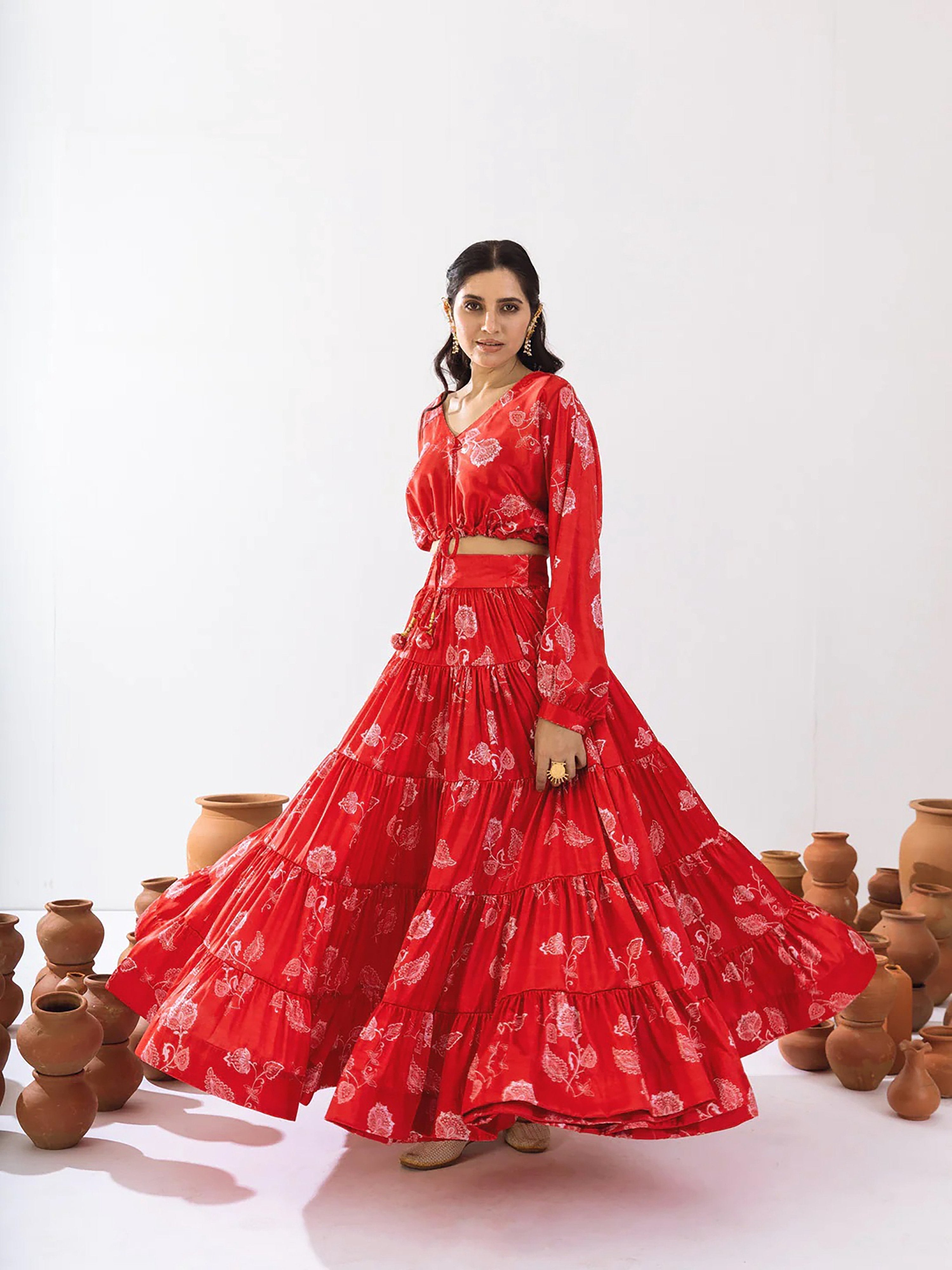 Sonakshi Women's Red Air Tex Chinon Digital Printed Lehenga Choli | Grocsy