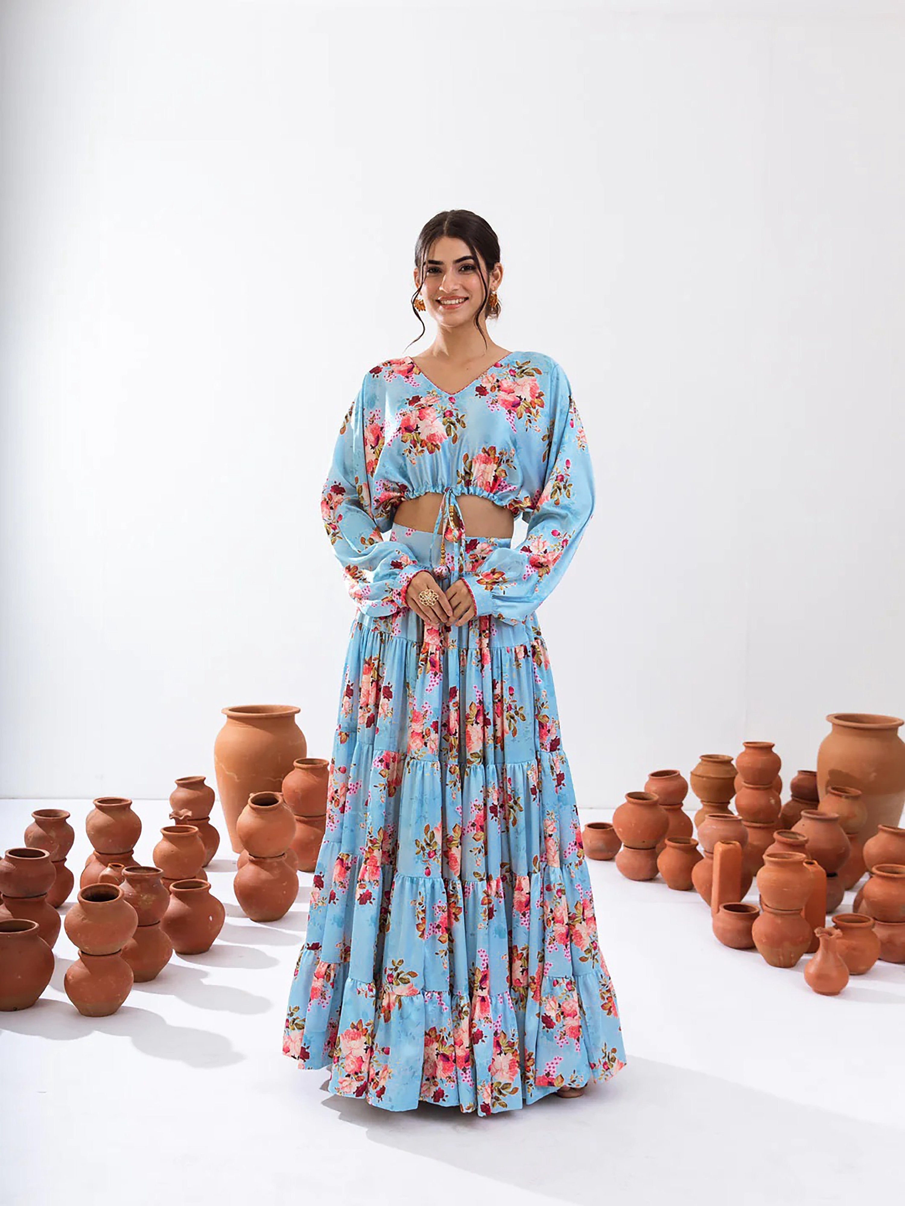 Sonakshi Women's Turquoise Blue Air Tex Chinon Digital Printed Lehenga Choli | Grocsy