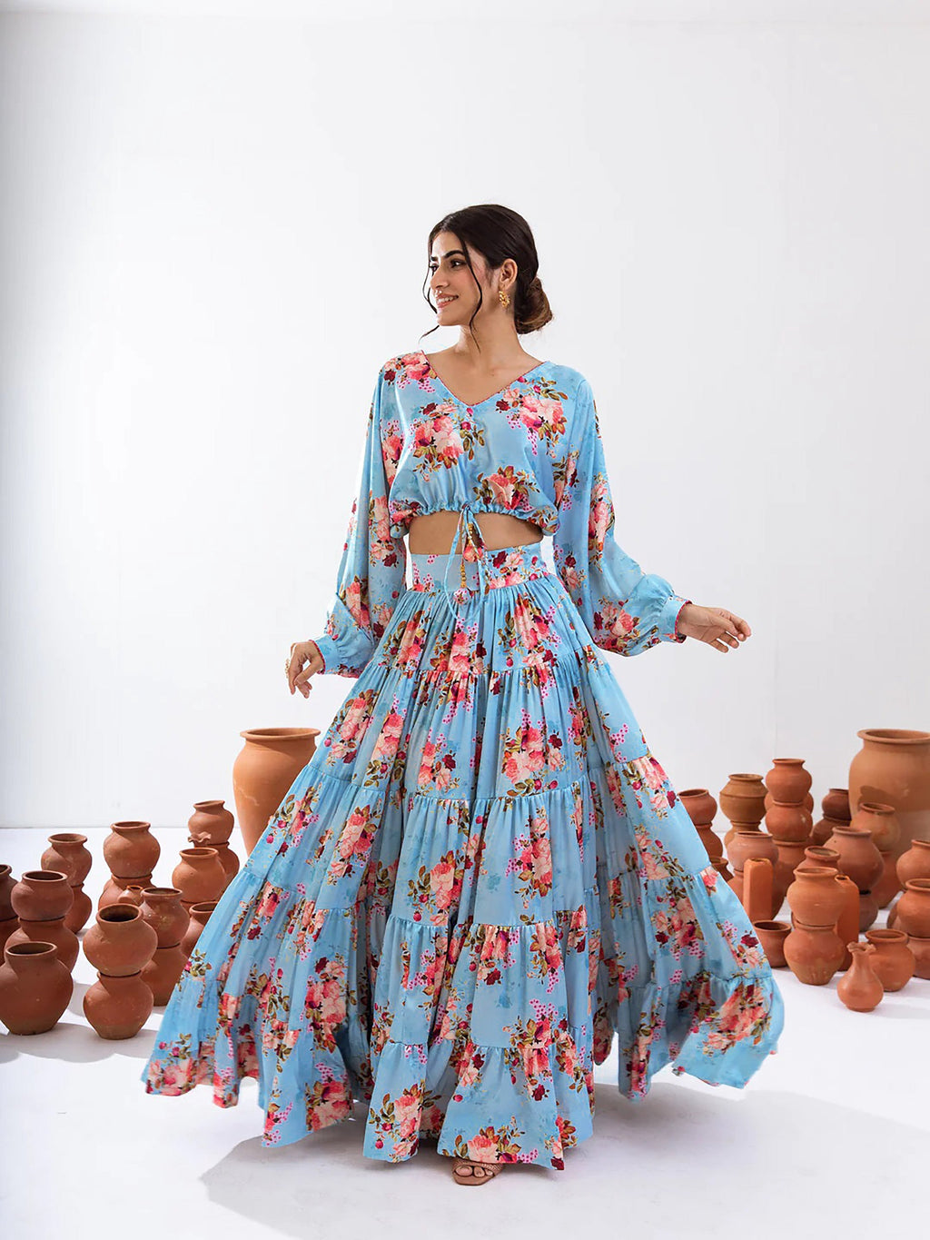 Sonakshi Women's Turquoise Blue Air Tex Chinon Digital Printed Lehenga Choli | Grocsy