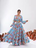 Sonakshi Women's Turquoise Blue Air Tex Chinon Digital Printed Lehenga Choli | Grocsy