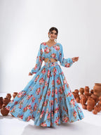 Sonakshi Women's Turquoise Blue Air Tex Chinon Digital Printed Lehenga Choli | Grocsy
