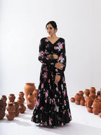 Sonakshi Women's Black Air Tex Chinon Digital Printed Lehenga Choli | Grocsy