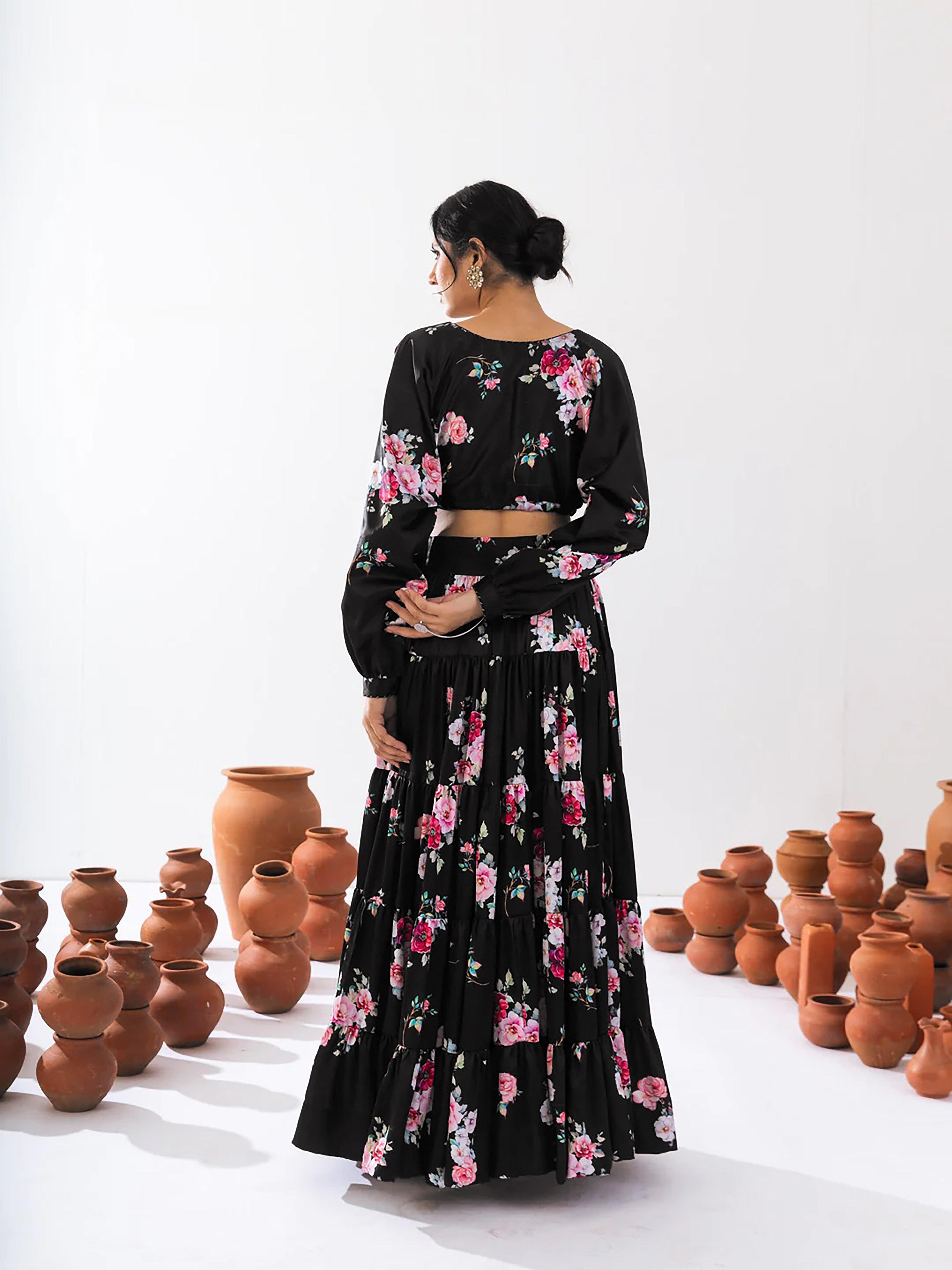 Sonakshi Women's Black Air Tex Chinon Digital Printed Lehenga Choli | Grocsy