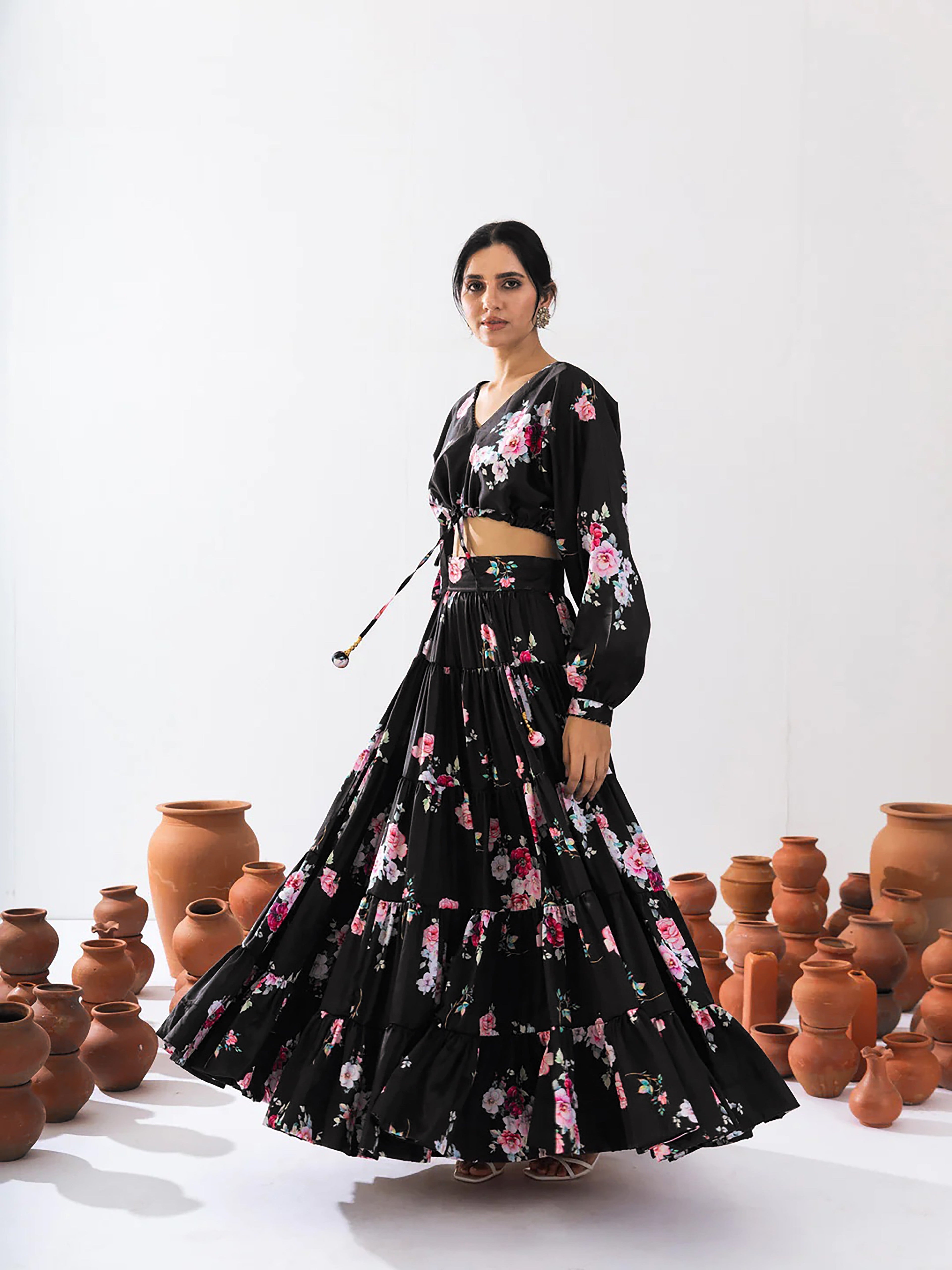 Sonakshi Women's Black Air Tex Chinon Digital Printed Lehenga Choli | Grocsy