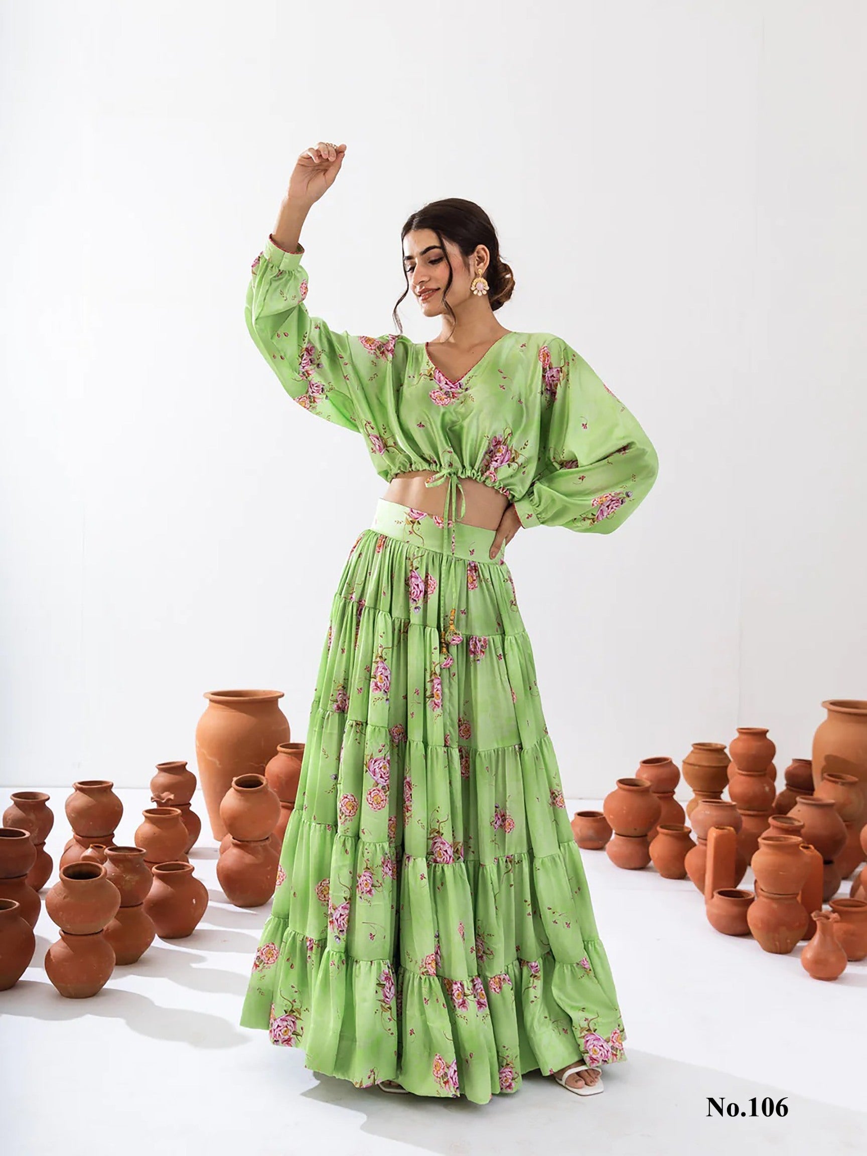 Sonakshi Women's Pista Air Tex Chinon Digital Printed Lehenga Choli | Grocsy