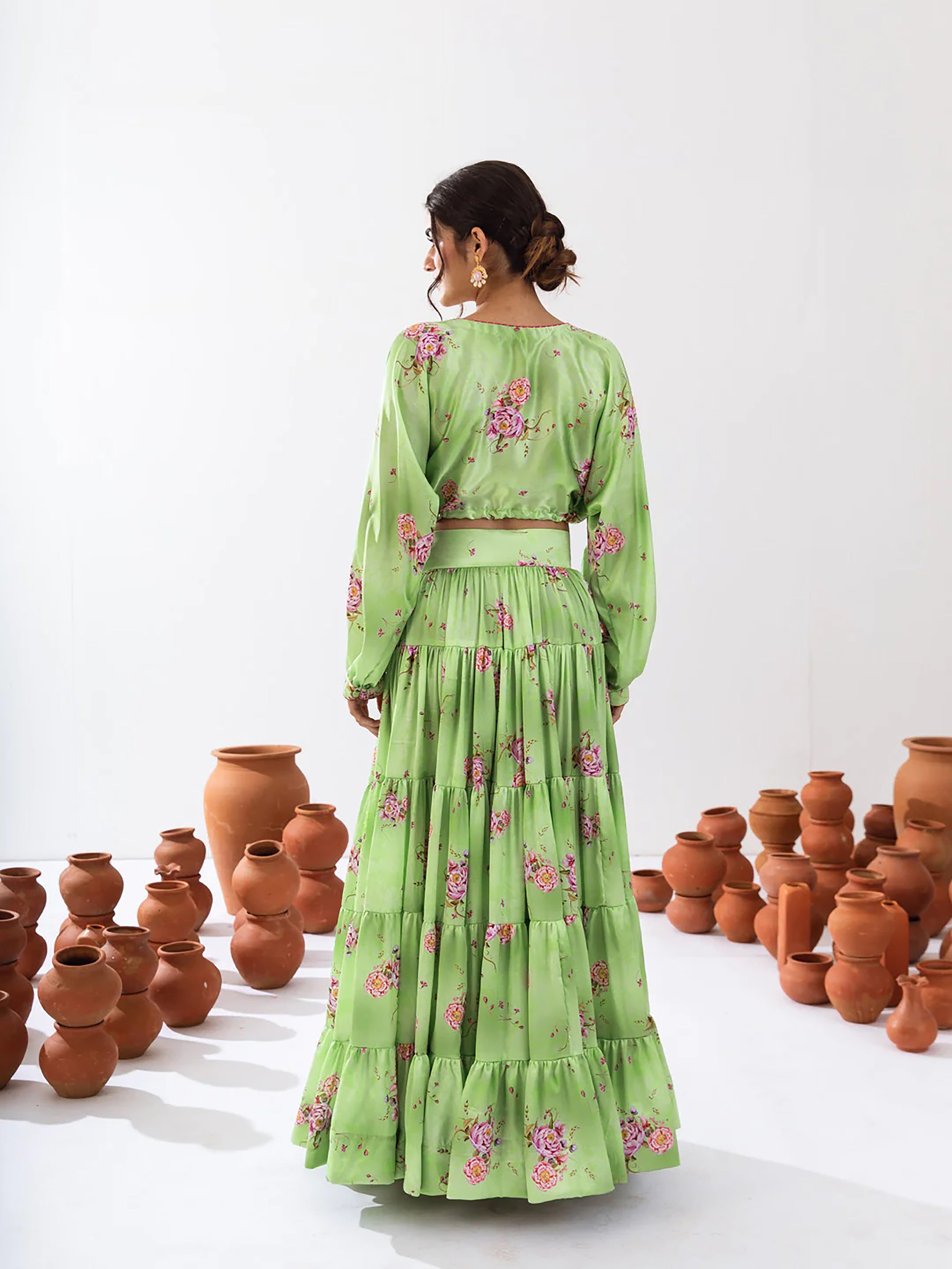 Sonakshi Women's Pista Air Tex Chinon Digital Printed Lehenga Choli | Grocsy