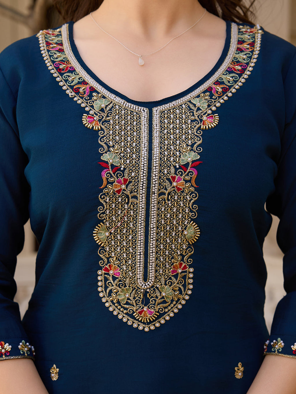 Sonakshi Women's Navy Blue Viscose Chanderi Embroidered Beads Kurta Set with Dupatta | Grocsy