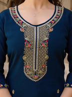Sonakshi Women's Navy Blue Viscose Chanderi Embroidered Beads Kurta Set with Dupatta | Grocsy