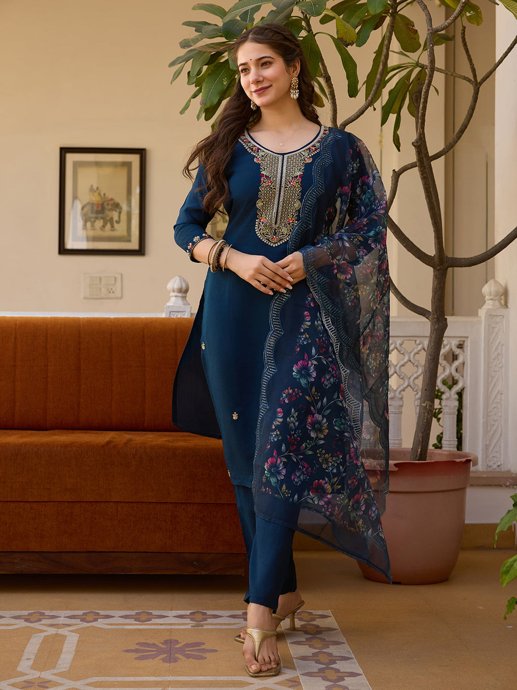 Sonakshi Women's Navy Blue Viscose Chanderi Embroidered Beads Kurta Set with Dupatta | Grocsy