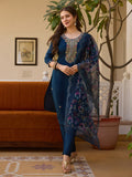 Sonakshi Women's Navy Blue Viscose Chanderi Embroidered Beads Kurta Set with Dupatta | Grocsy