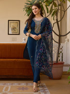 Sonakshi Women's Navy Blue Viscose Chanderi Embroidered Beads Kurta Set with Dupatta | Grocsy