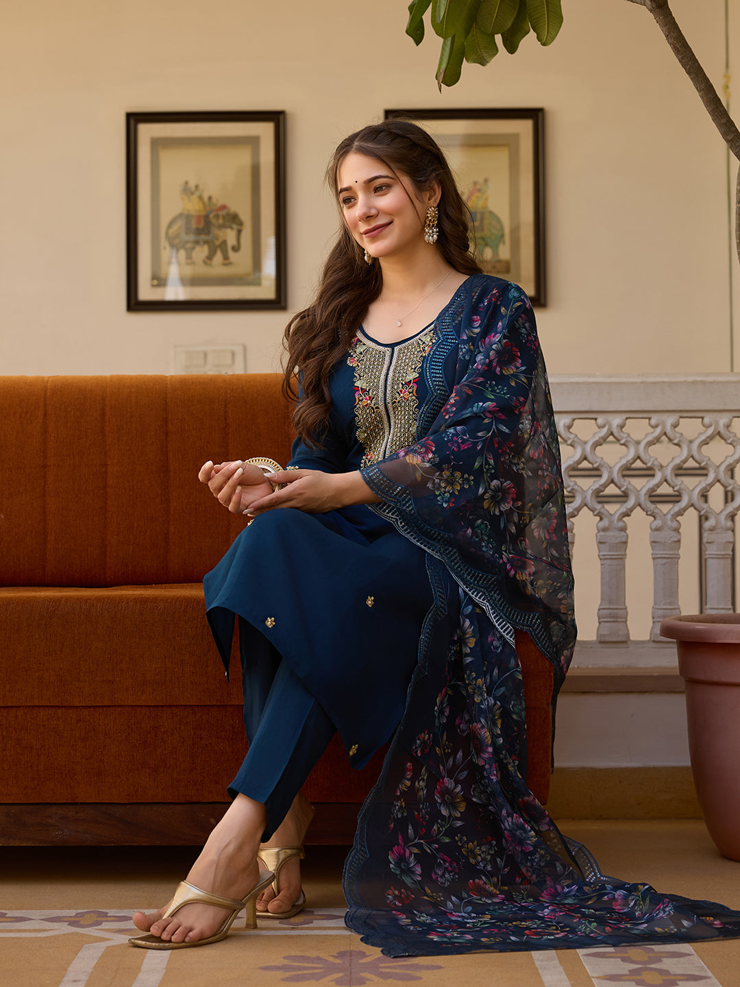 Sonakshi Women's Navy Blue Viscose Chanderi Embroidered Beads Kurta Set with Dupatta | Grocsy