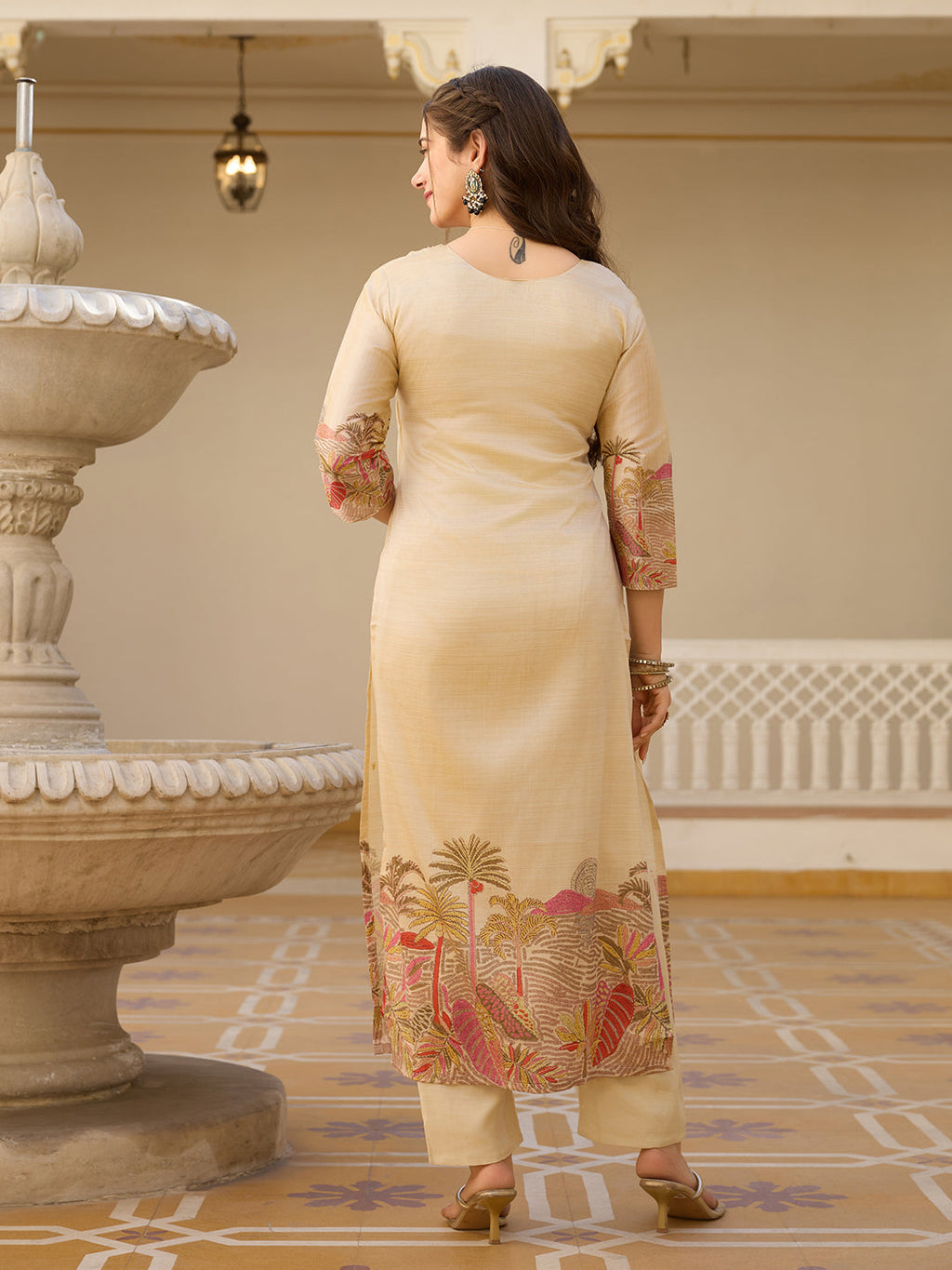 Sonakshi Women's Biscuit Viscose Assam Silk Embroidered Beads Kurta Set with Dupatta | Grocsy
