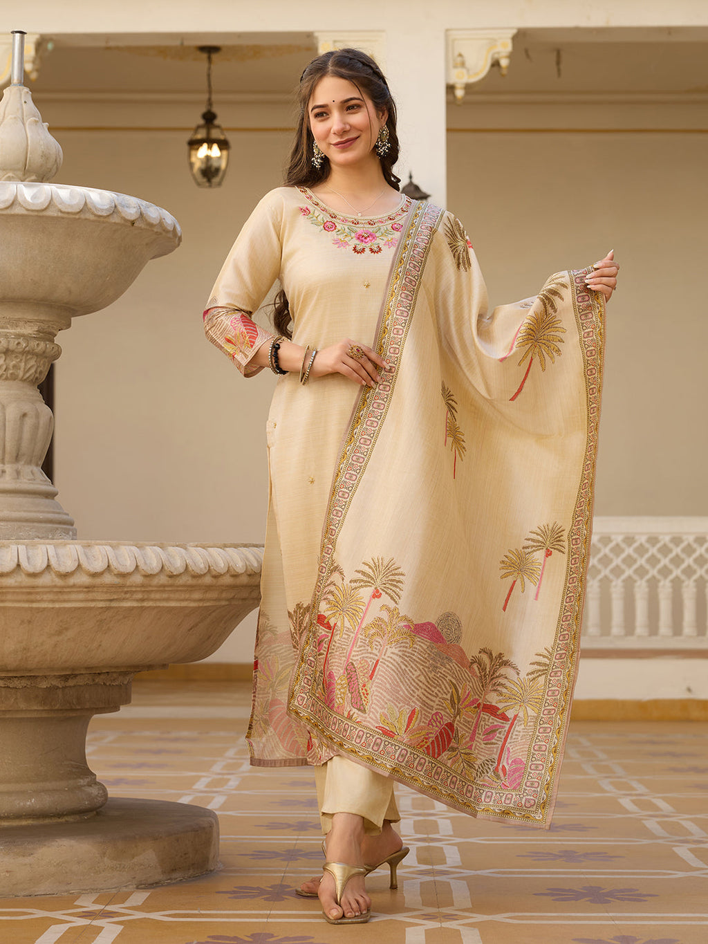 Sonakshi Women's Biscuit Viscose Assam Silk Embroidered Beads Kurta Set with Dupatta | Grocsy