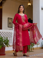 Sonakshi Women's Maharani Viscose Chanderi Embroidered Beads Kurta Set with Dupatta | Grocsy