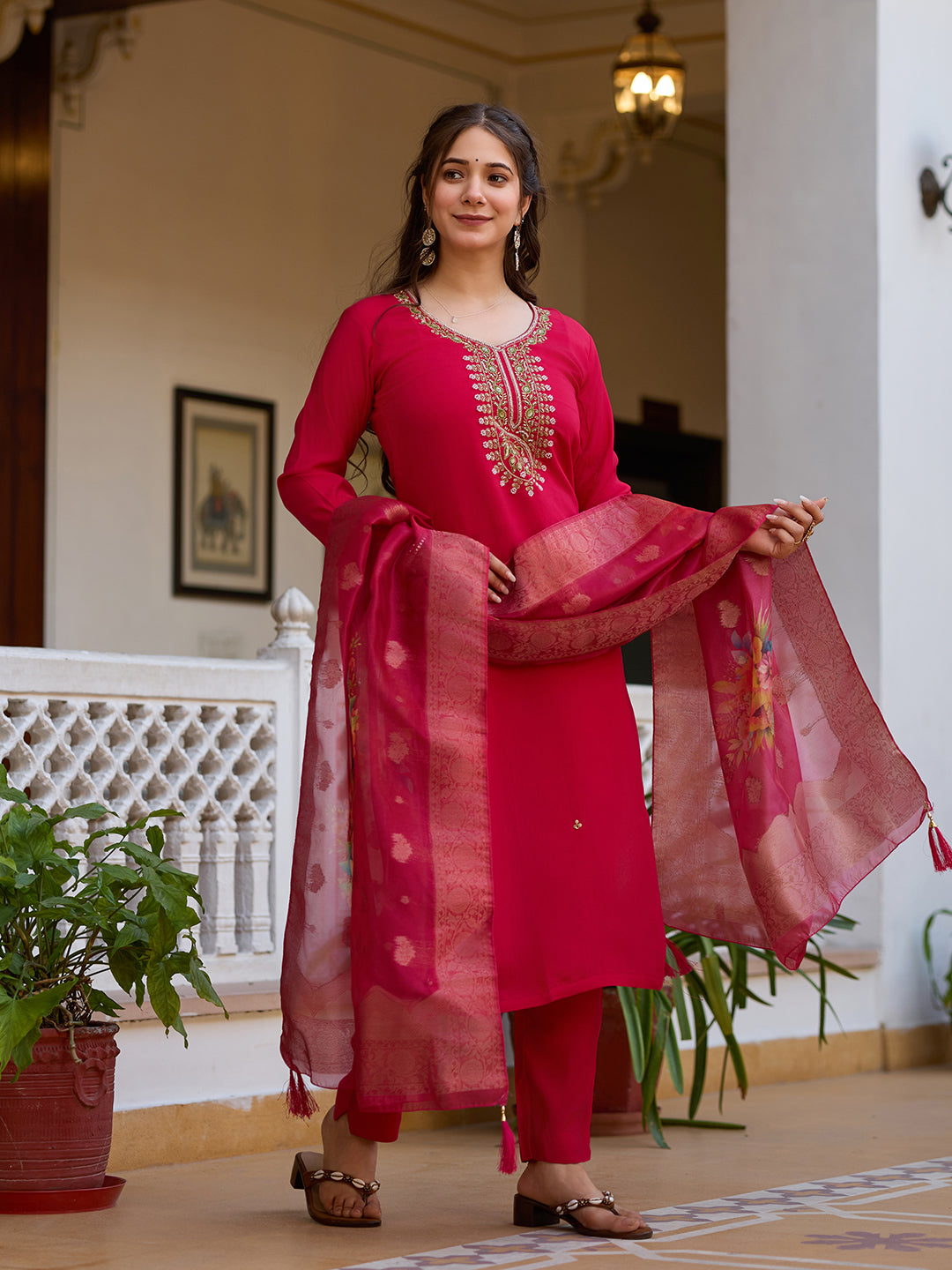 Sonakshi Women's Maharani Viscose Chanderi Embroidered Beads Kurta Set with Dupatta | Grocsy