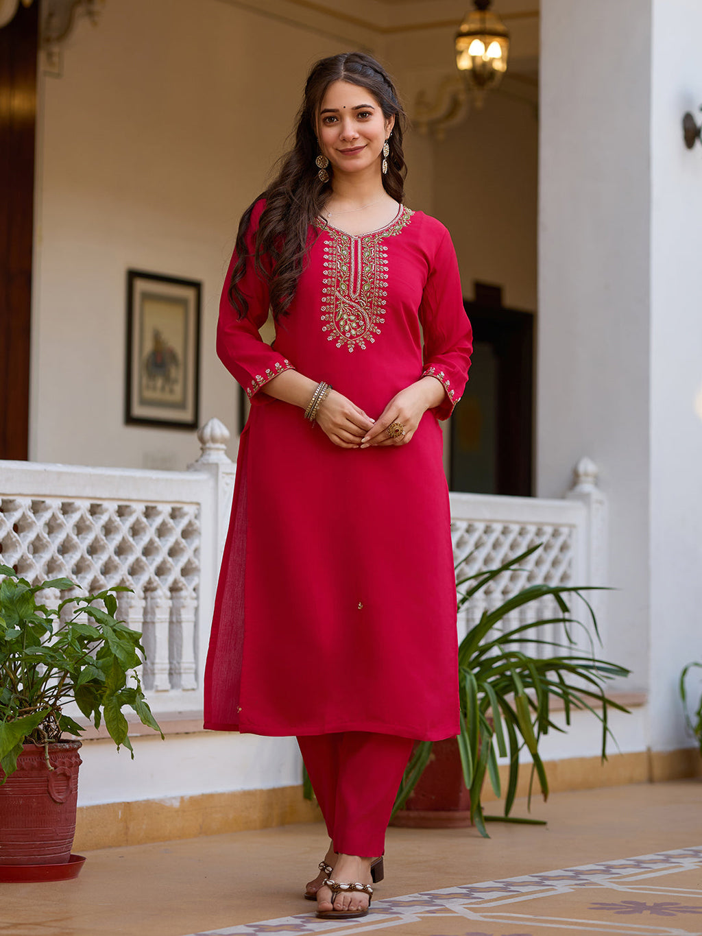 Sonakshi Women's Maharani Viscose Chanderi Embroidered Beads Kurta Set with Dupatta | Grocsy