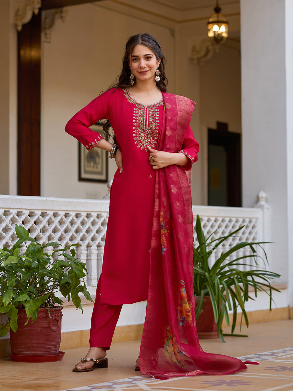 Sonakshi Women's Maharani Viscose Chanderi Embroidered Beads Kurta Set with Dupatta | Grocsy