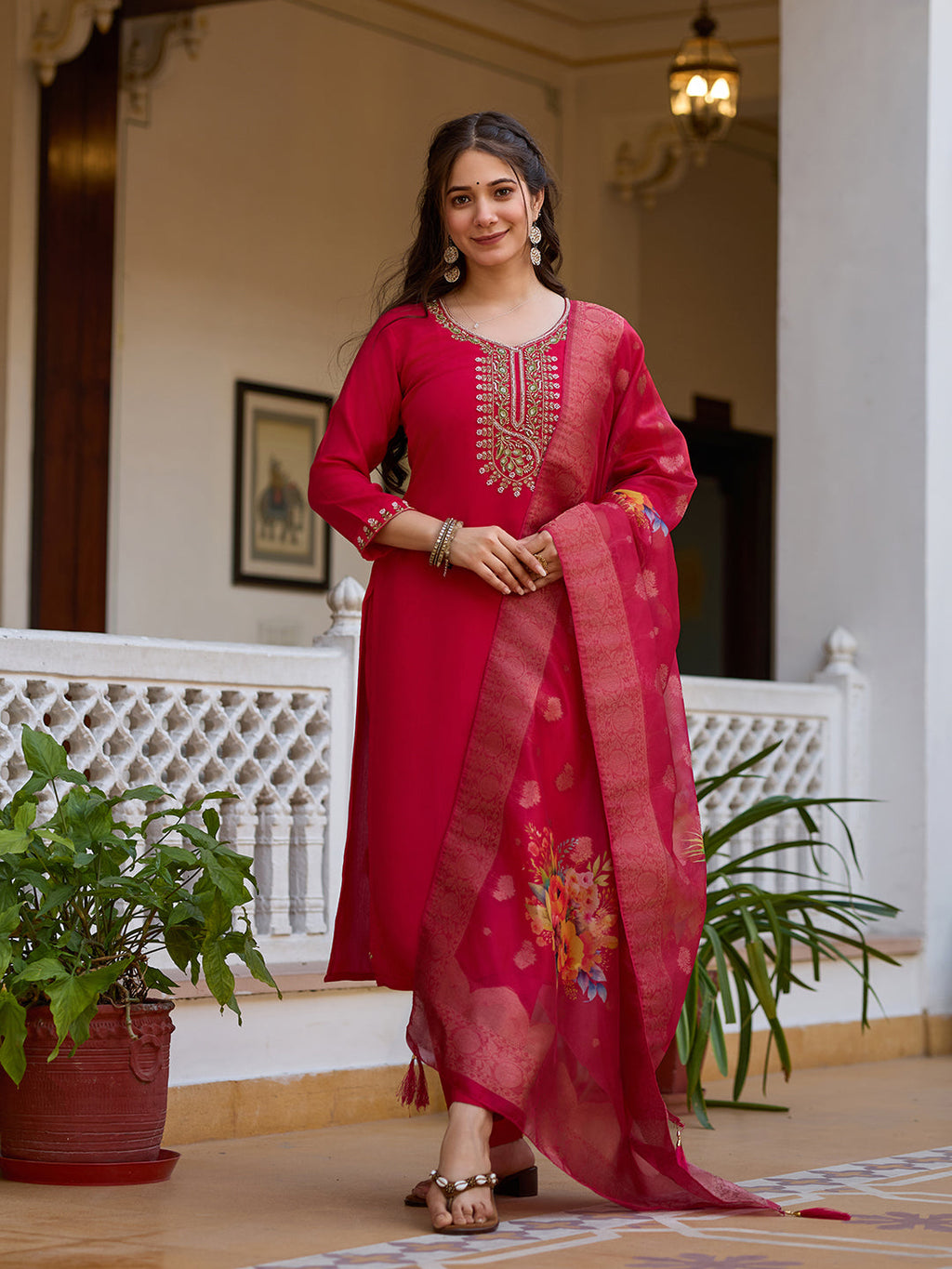 Sonakshi Women's Maharani Viscose Chanderi Embroidered Beads Kurta Set with Dupatta | Grocsy