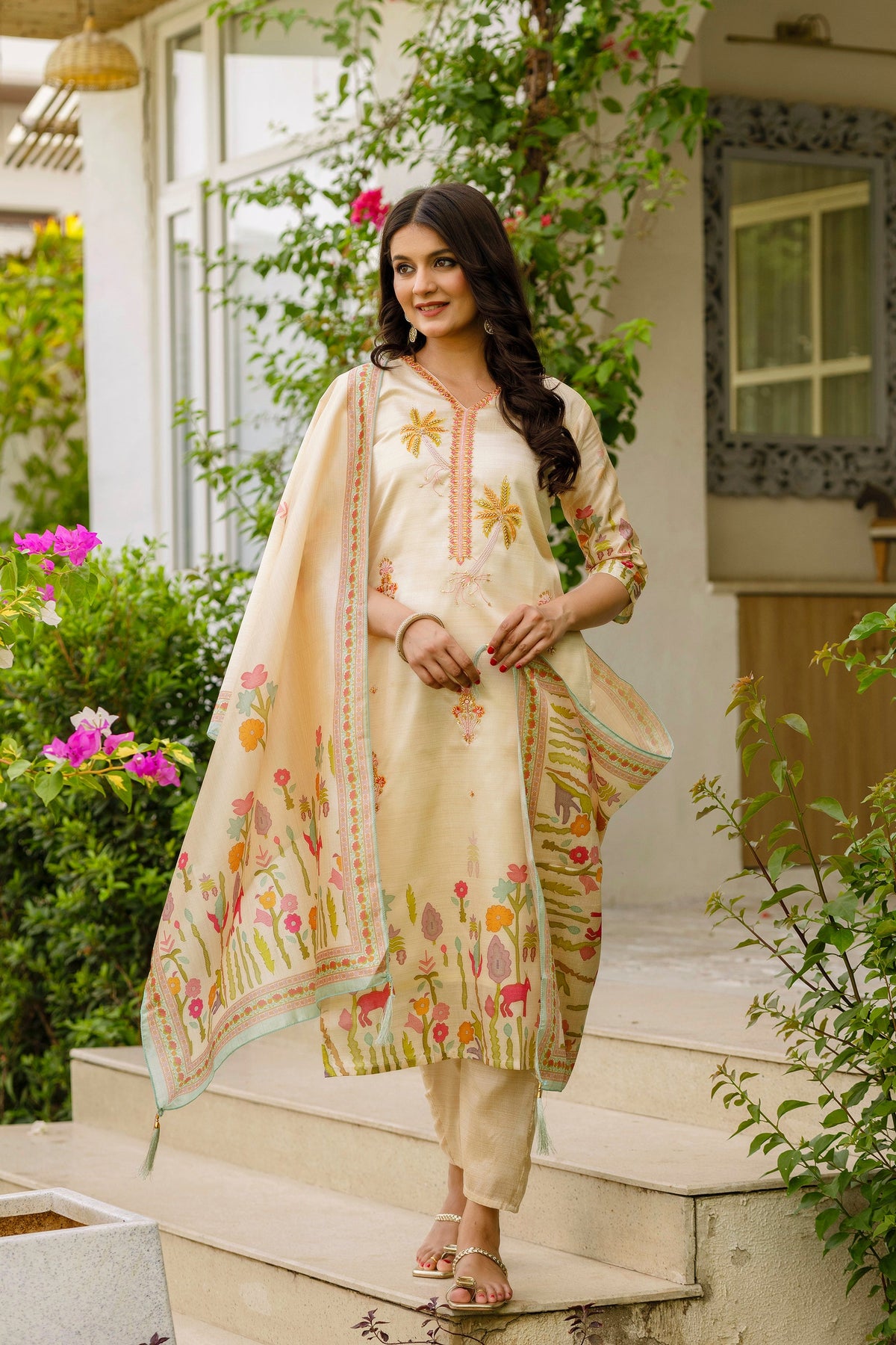 Sonakshi Women's Cream Viscose Assam Silk Embroidered Beads Kurta Set with Dupatta | Grocsy