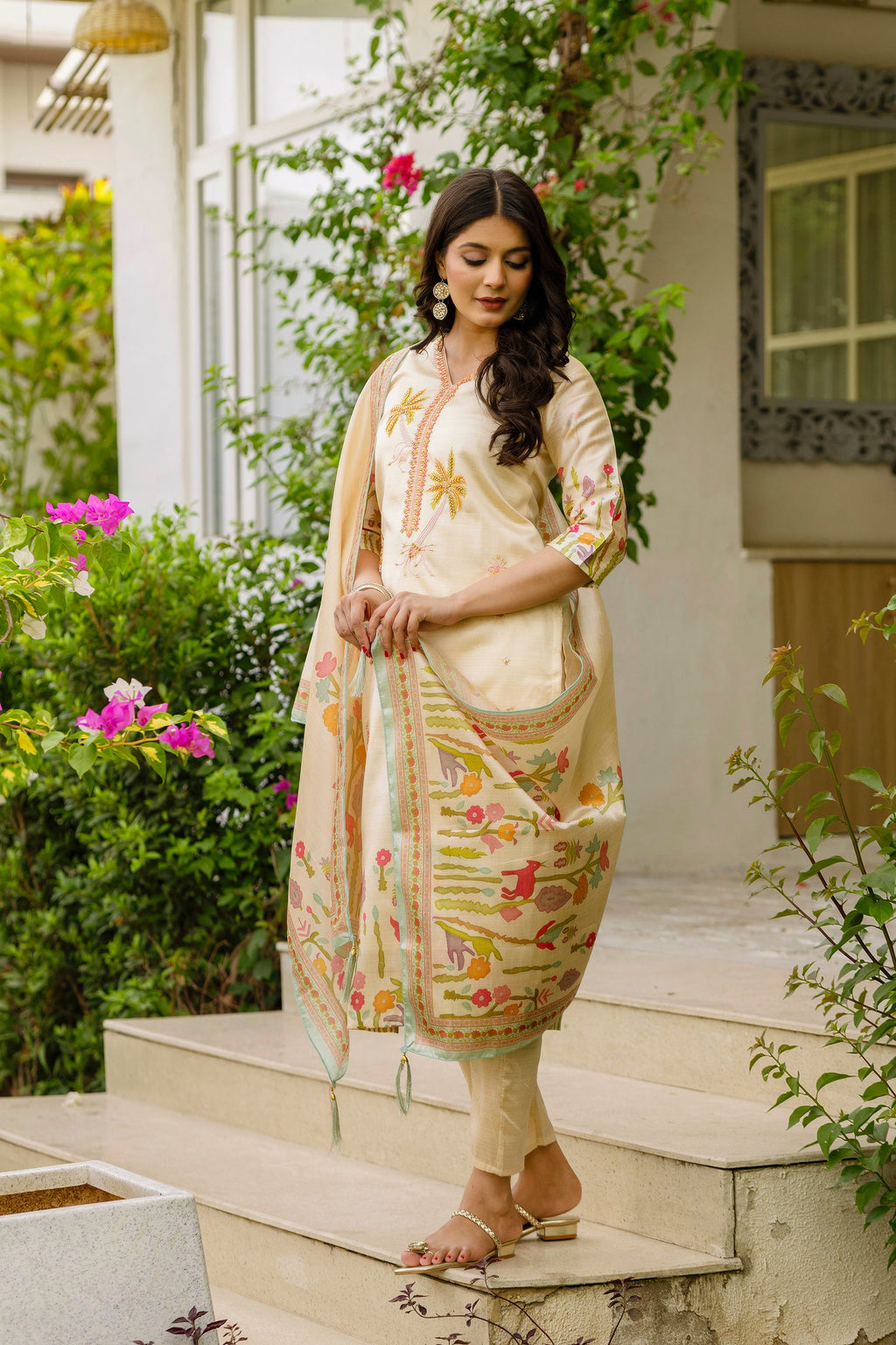 Sonakshi Women's Cream Viscose Assam Silk Embroidered Beads Kurta Set with Dupatta | Grocsy