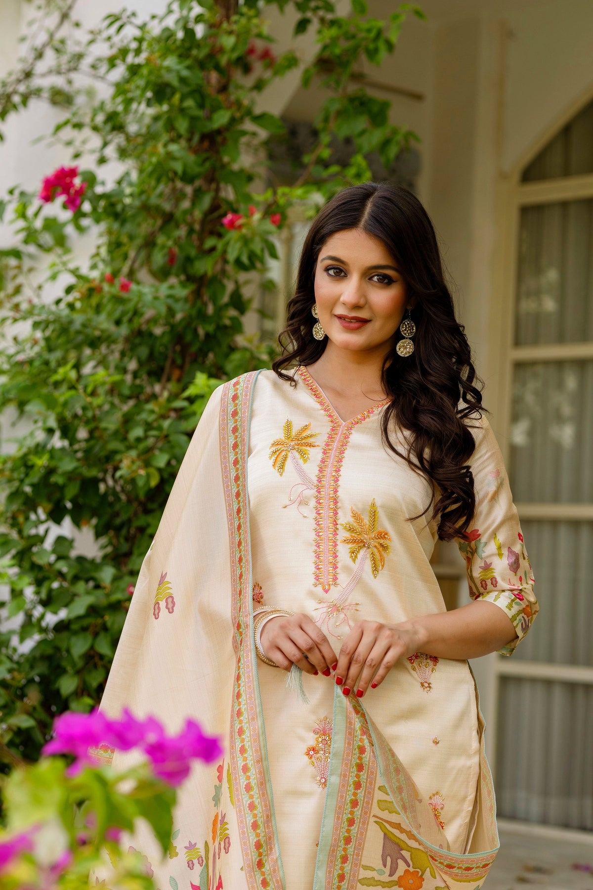 Sonakshi Women's Cream Viscose Assam Silk Embroidered Beads Kurta Set with Dupatta | Grocsy