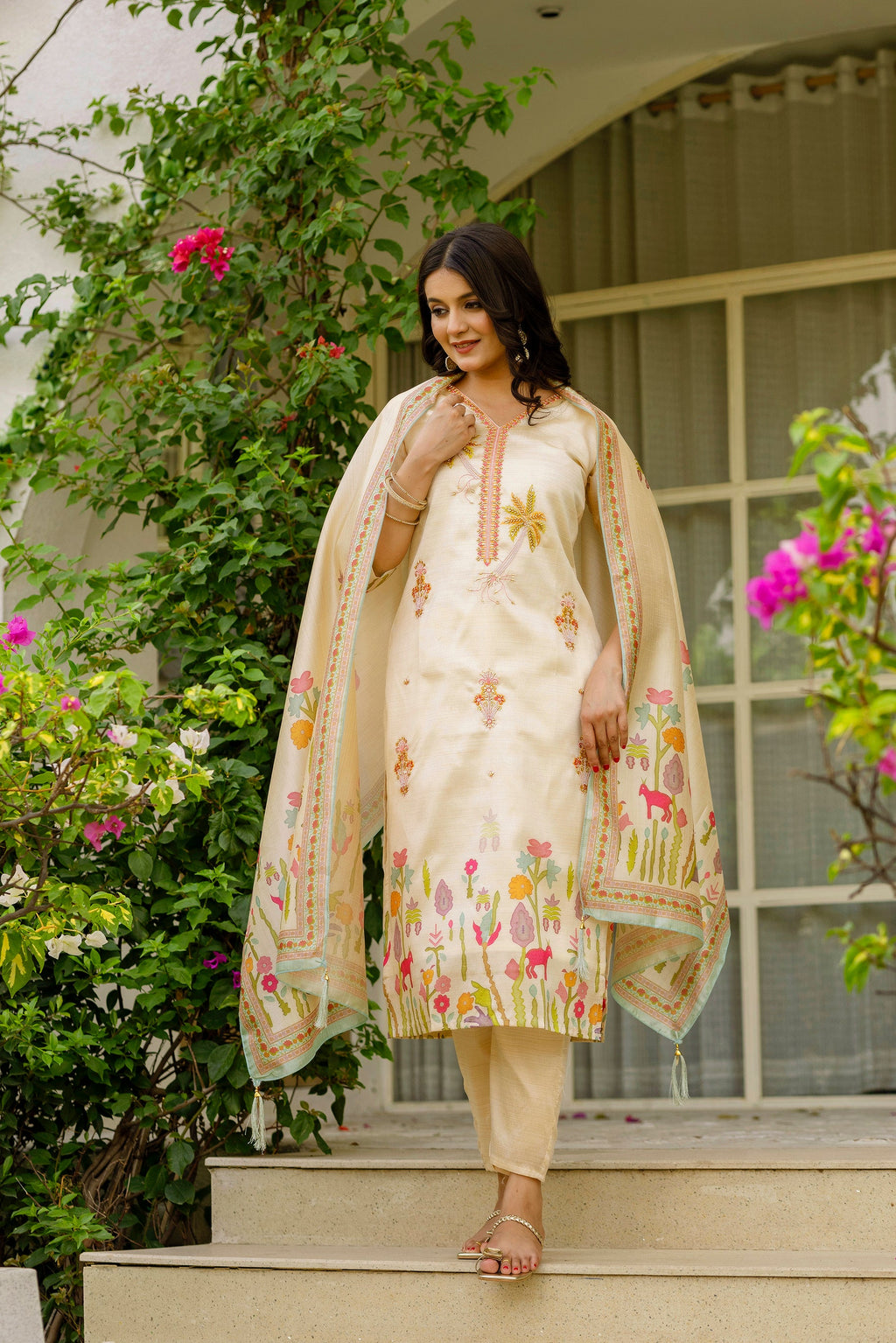 Sonakshi Women's Cream Viscose Assam Silk Embroidered Beads Kurta Set with Dupatta | Grocsy