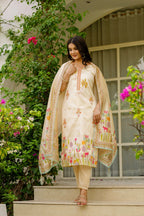 Sonakshi Women's Cream Viscose Assam Silk Embroidered Beads Kurta Set with Dupatta | Grocsy