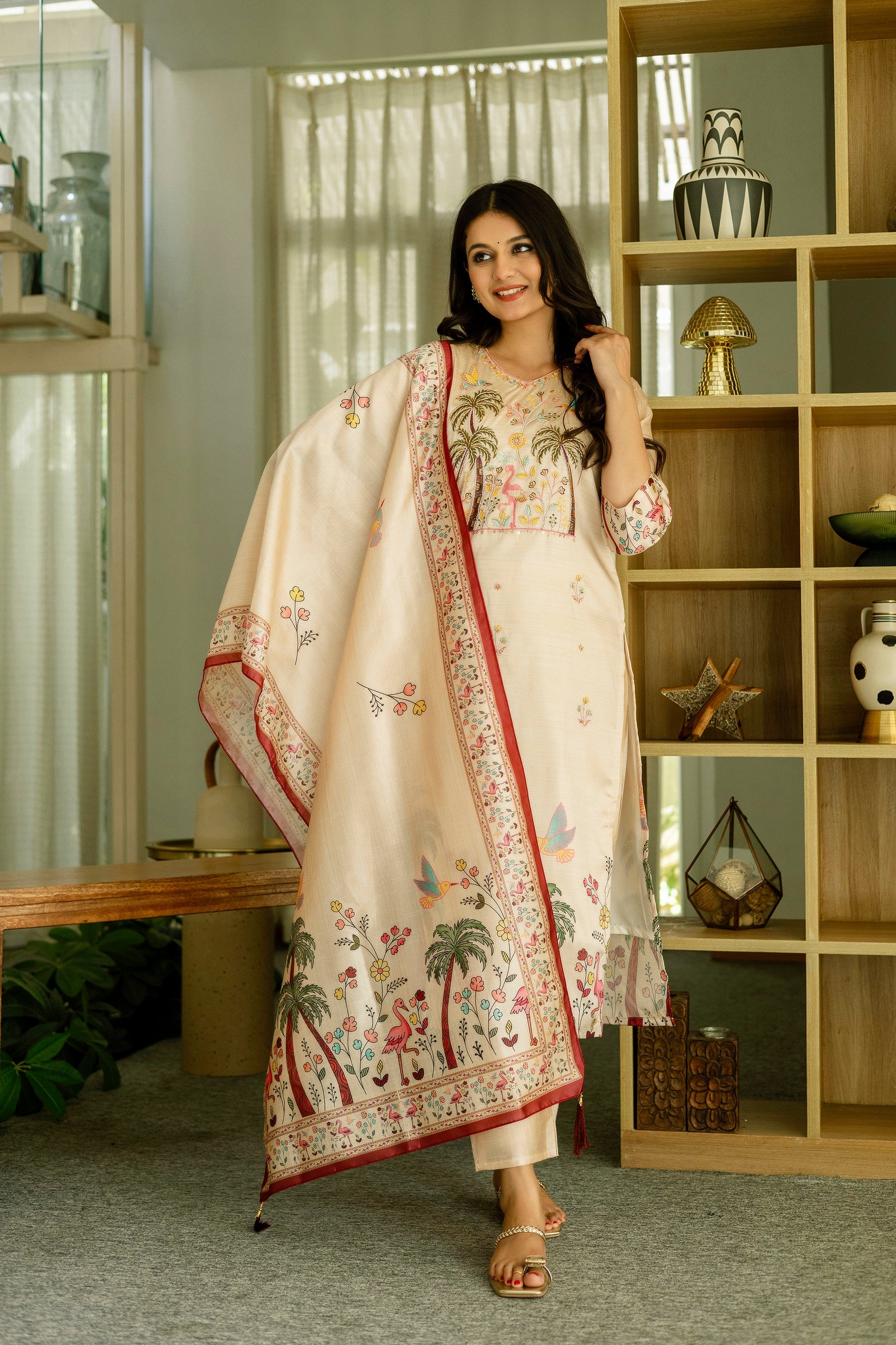 Sonakshi Women's Chandan Viscose Assam Silk Embroidered Beads Kurta Set with Dupatta | Grocsy