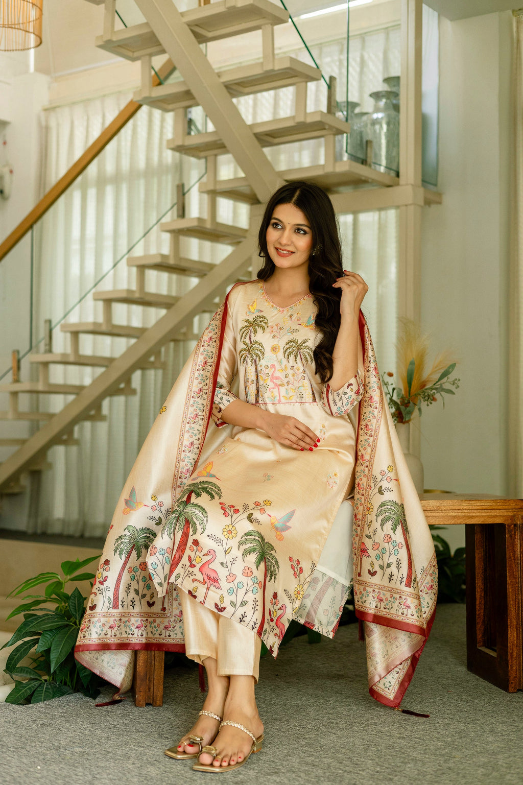 Sonakshi Women's Chandan Viscose Assam Silk Embroidered Beads Kurta Set with Dupatta | Grocsy