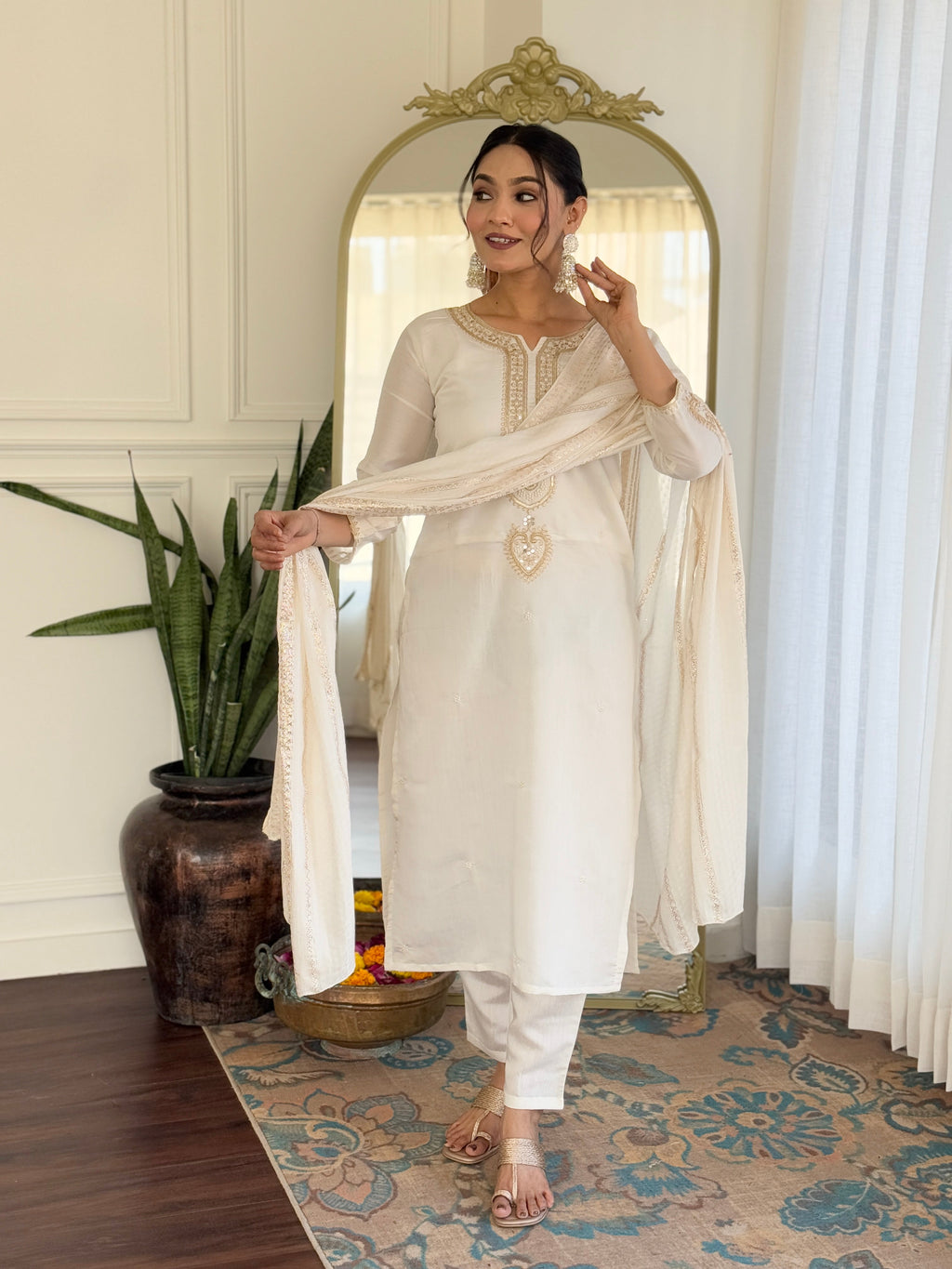 Sonakshi Women's Cream Viscose Chanderi Kurta Set with Dupatta | Grocsy